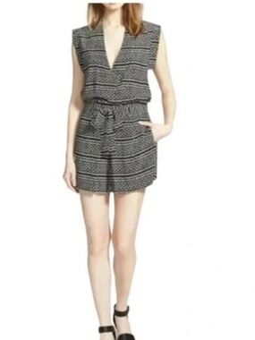 Madewell NWT 100% Silk Sleeveless Kimono Romper Tidal wave Black White Large